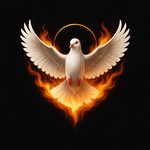 A white dove surrounded by holy fire with a golden halo